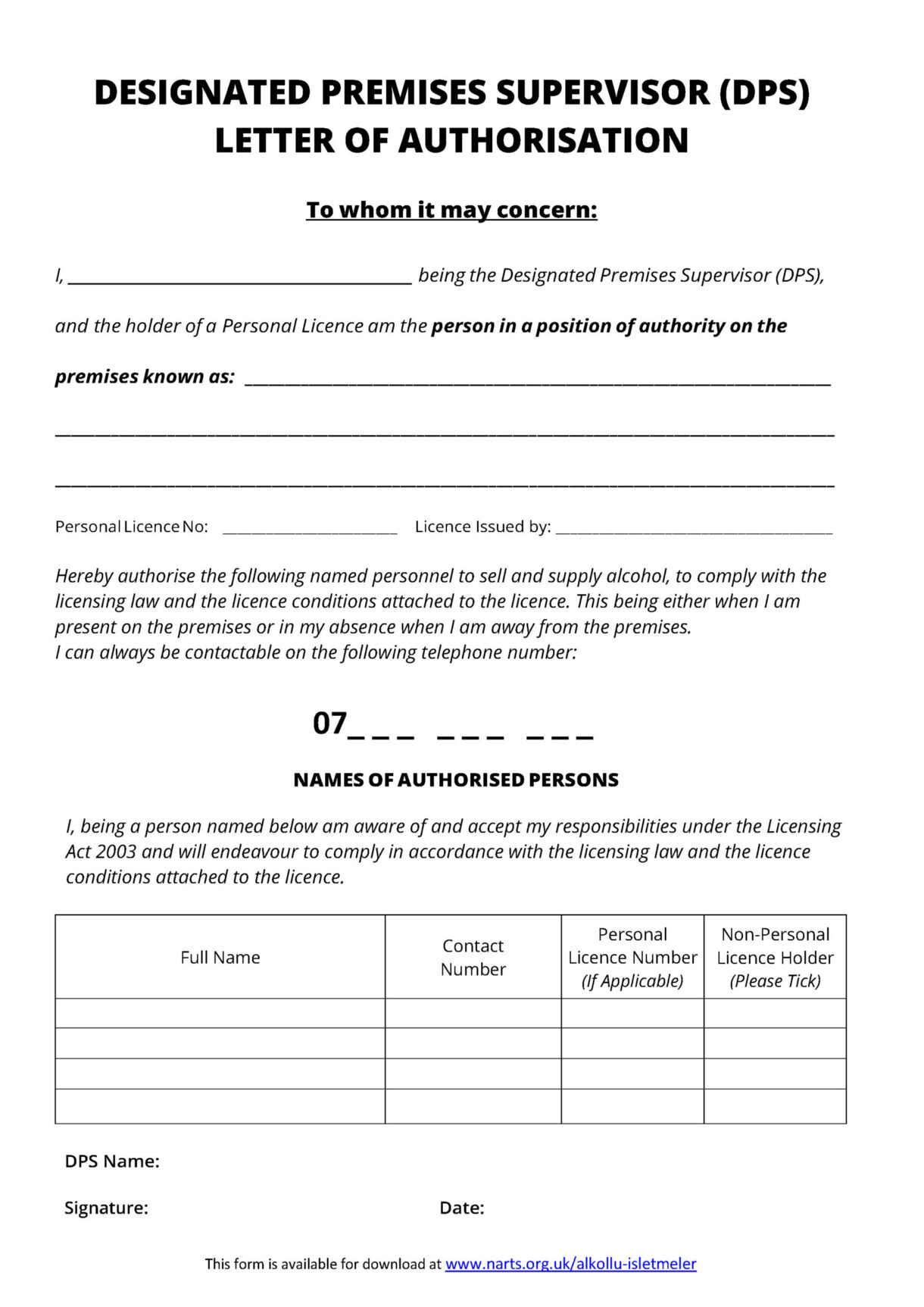 Authorisation Letter to sell alcohol